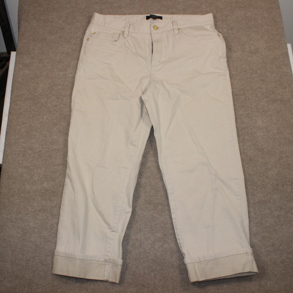 Talbots Beige Cuffed Crop Pants Womens 10 Khaki Chino Capris Gold Hardware